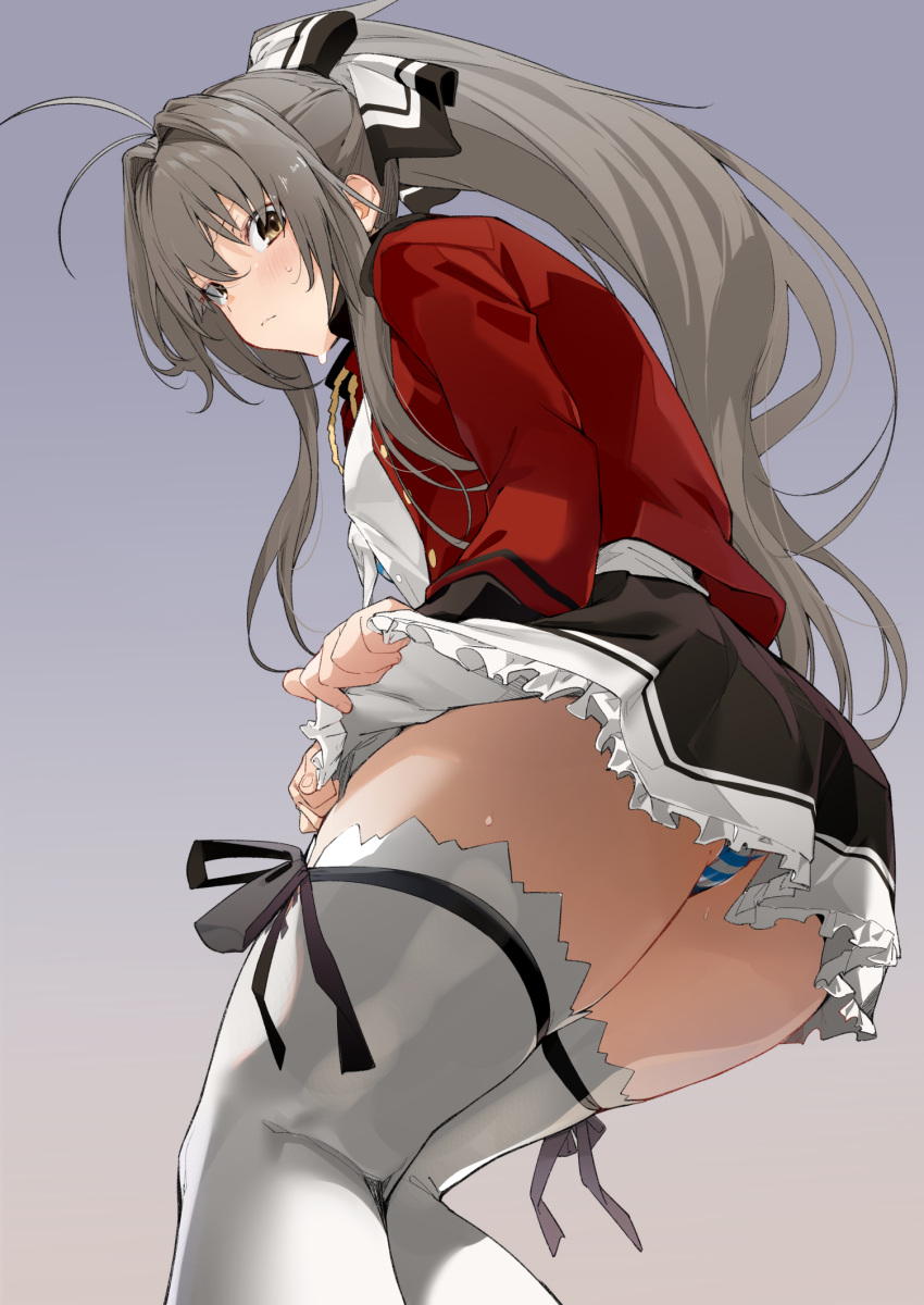 1girl, aiguillette, amagi_brilliant_park, antenna_hair, ass, bangs, black_skirt, blush