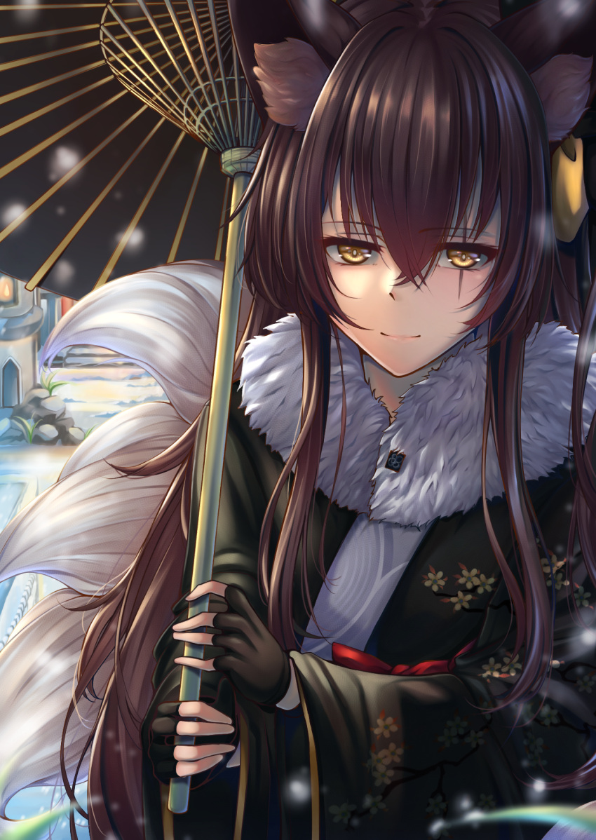 1girl, black_gloves, brown_eyes, brown_hair, closed_mouth, eyebrows_visible_through_hair, fingerless_gloves, fur_trim