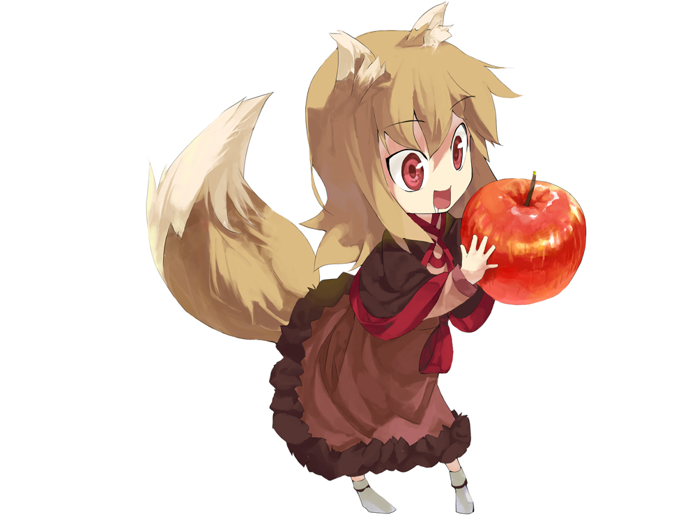 apple, chibi, food, fruit, holding, holding_fruit, holo, kotoba