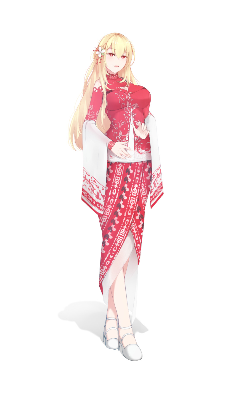 1girl, azur_lane, blonde_hair, breasts, dress, eyebrows_visible_through_hair, flower, hair_flower, hair_ornament, high_heels, highres, holding, holding_towel, indonesian_clothes, king_george_v_(azur_lane), kruup, long_hair, looking_at_viewer, medium_breasts, open_mouth, red_dress, red_eyes, solo, standing, towel, traditional_clothes, white_background, white_footwear, white_towel