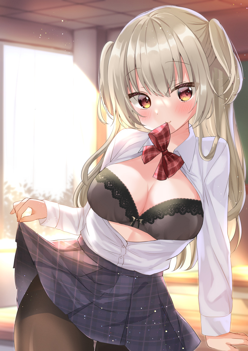 1girl, absurdres, bangs, black_legwear, blonde_hair, blush, bow, bra