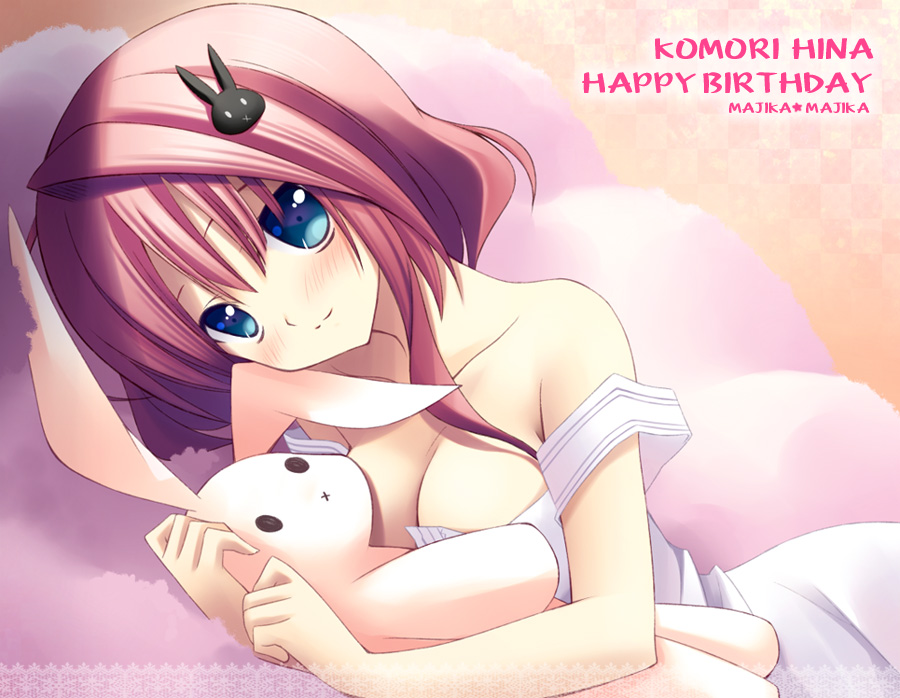 breasts, brown_hair, bunny, cleavage, hair_ornament, komori_hina, lying, majika_majika