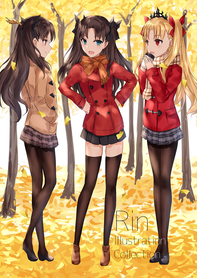 3girls, asle, bangs, beige_jacket, black_skirt, blonde_hair, blue_eyes, blush