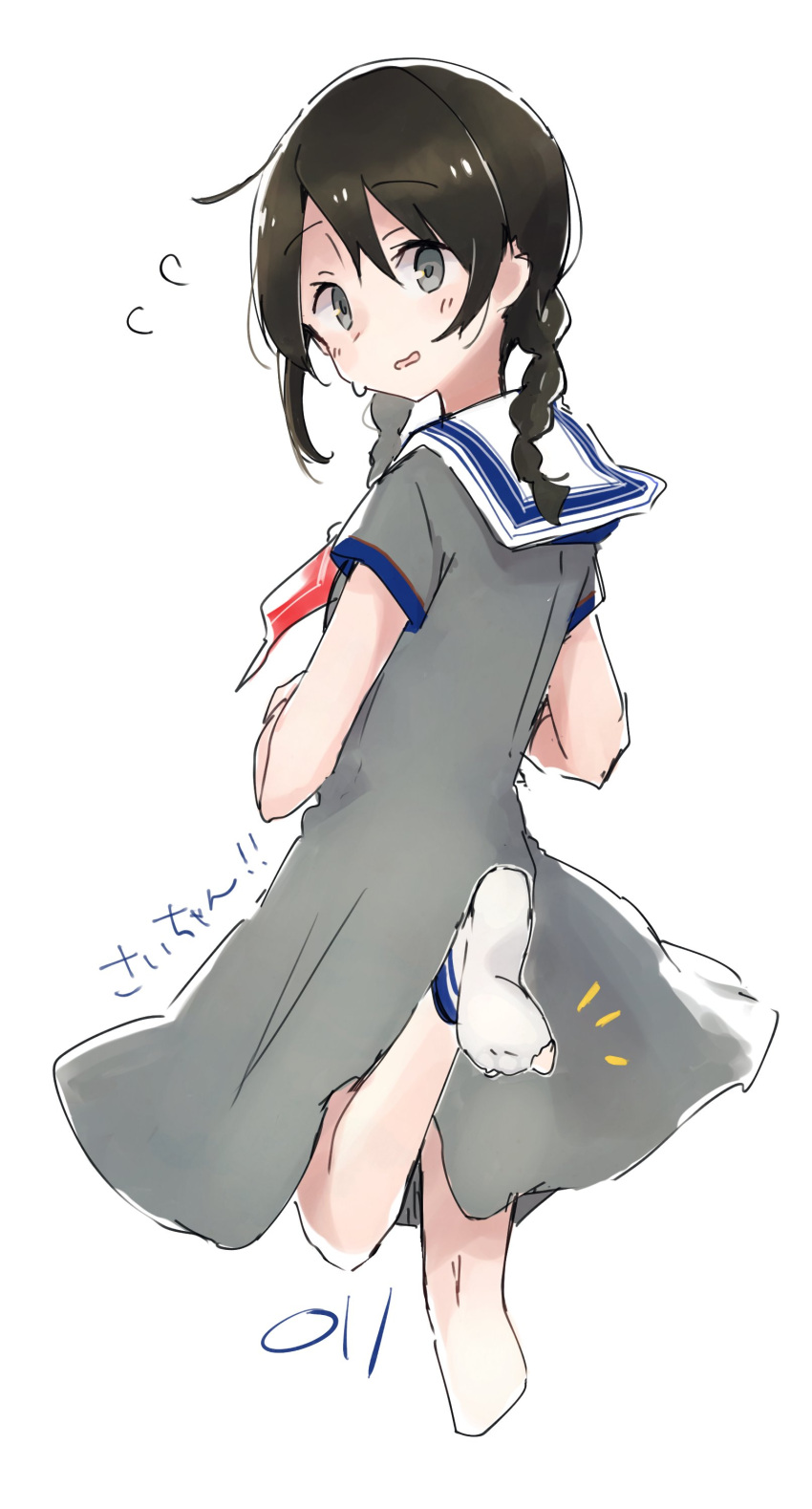 1girl, absurdres, bangs, black_hair, blush, braid, c2_kikan, cropped_legs