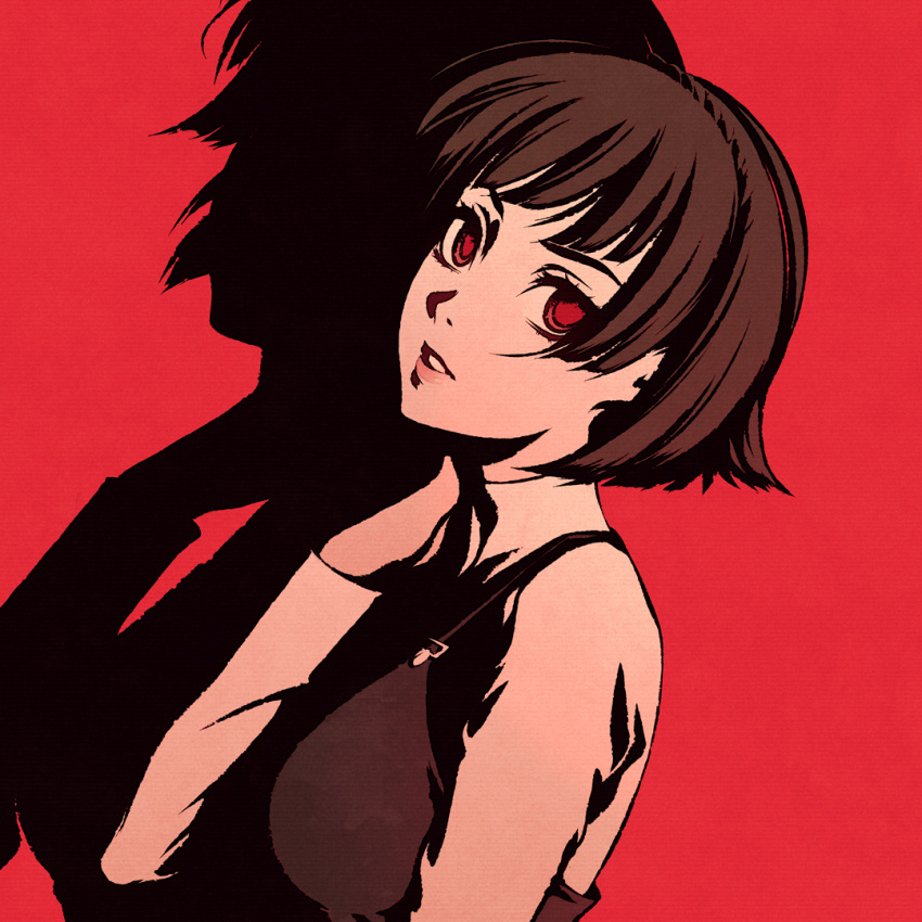1girl, bangs, black_dress, bob_cut, brown_hair, dress, head_tilt, lips, looking_at_viewer, looking_to_the_side, makeup, moshimoshibe, niijima_makoto, persona, persona_5, persona_5_the_royal, pinafore_dress, red_background, red_eyes, scratching_neck, shadow, shirt, short_hair, simple_background, solo, texture, upper_body, white_shirt