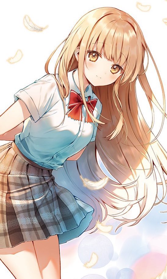 1girl, arms_behind_back, bangs, bare_legs, blonde_hair, bow, bowtie, brown_skirt, character_request, dress_shirt, eyebrows_visible_through_hair, feathers, hanekoto, long_hair, plaid, plaid_skirt, pleated_skirt, red_bow, red_neckwear, shirt, short_sleeves, skirt, softbank, solo, standing, white_shirt, yellow_eyes