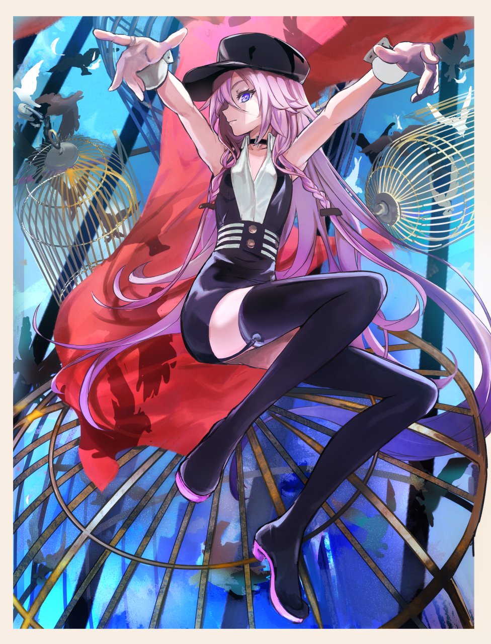 1girl, andedalive, bird, birdcage, black_dress, black_headwear, black_legwear, blue_eyes