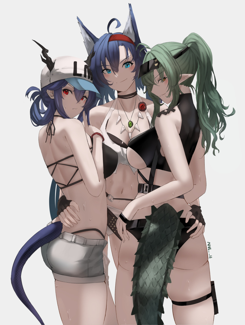 3girls, absurdres, ahoge, animal_ears, arknights, ass, back, bare_arms
