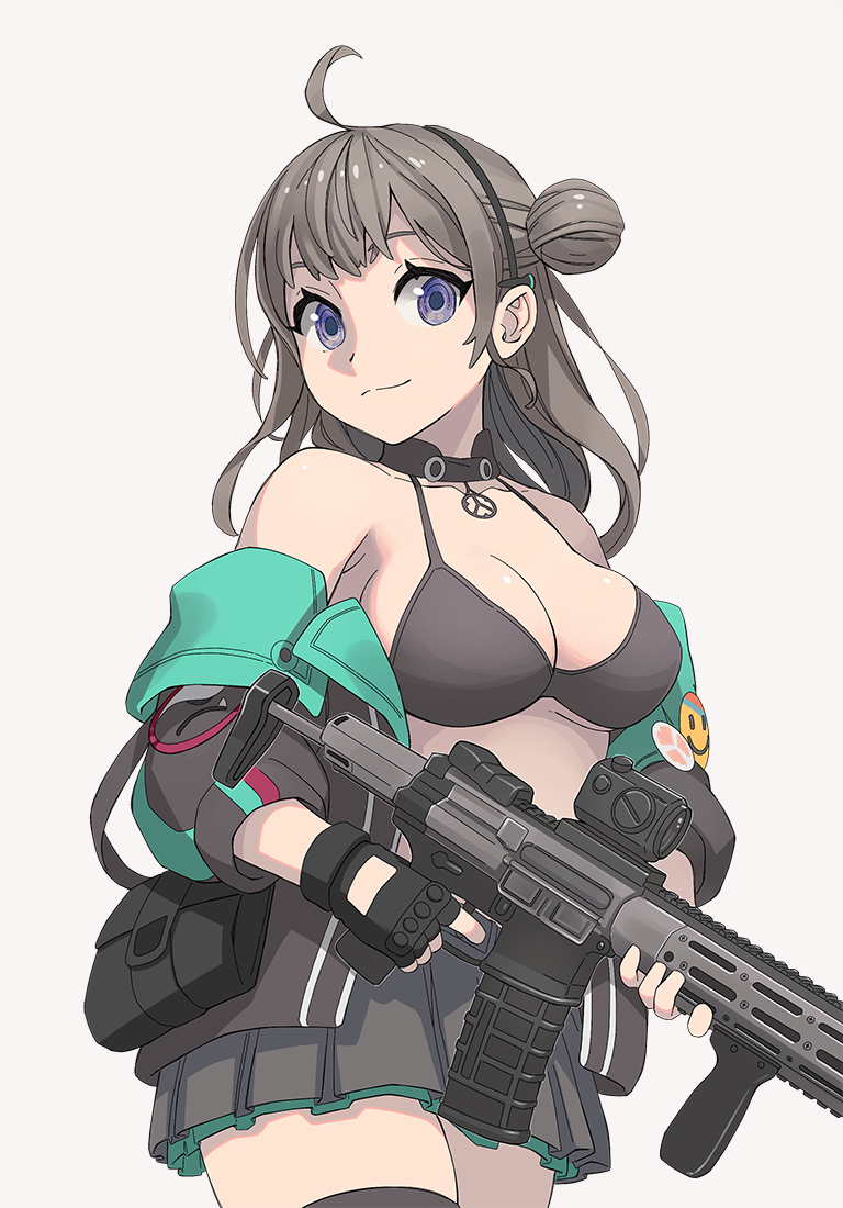 1girl, ahoge, assault_rifle, bangs, bikini, bikini_top, black_choker, black_gloves