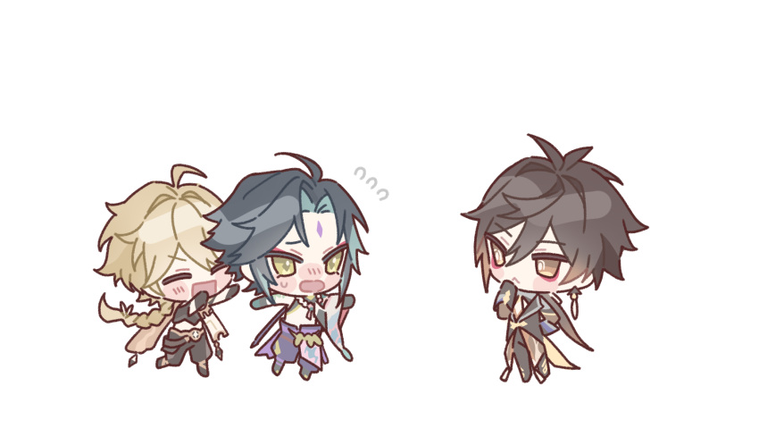 3boys, aether_(genshin_impact), black_hair, blonde_hair, braid, braided_ponytail, chibi, closed_eyes