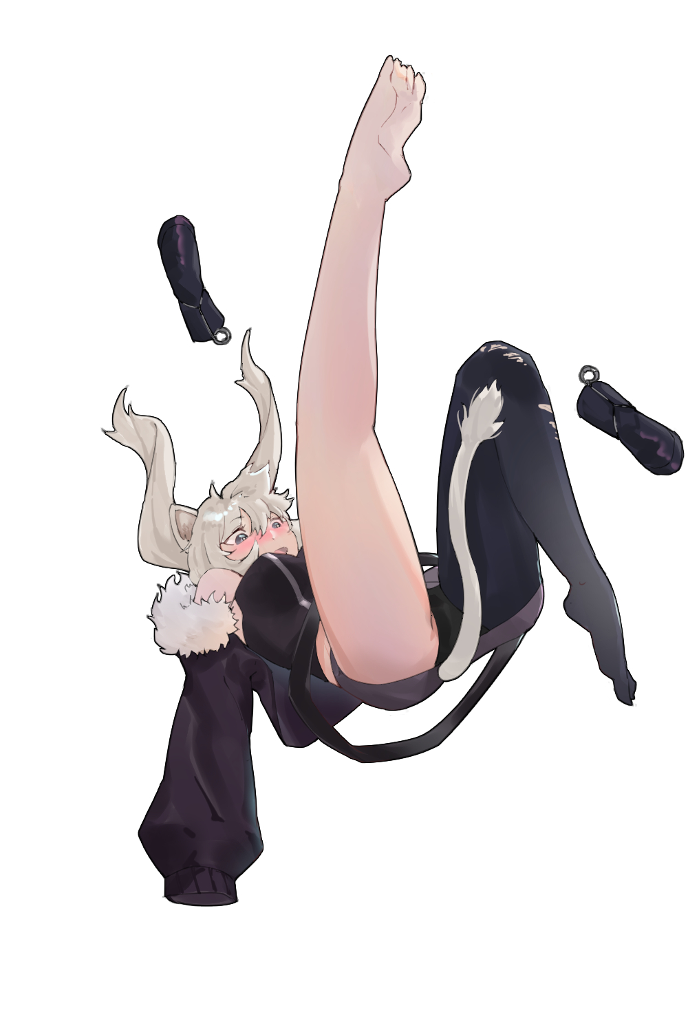 1girl, animal_ears, barefoot, black_footwear, black_jacket, boots_removed, breasts, embarrassed, falling, feet, floating_hair, grey_eyes, grey_hair, highres, hololive, jacket, large_breasts, lion_tail, looking_down, open_mouth, shishiro_botan, single_legging, sleeves_past_wrists, snnaol, soles, solo, tail, torn_clothes, torn_legwear, twintails, virtual_youtuber, white_background