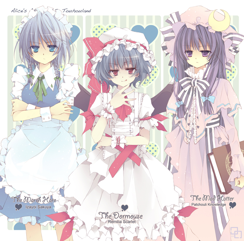 :q, alice_in_wonderland, blue_hallelujah, book, braid, character_name, crescent, crossover, dress, hair_ribbon, hat, izayoi_sakuya, lan_hallelujah, maid, maid_headdress, multiple_girls, patchouli_knowledge, remilia_scarlet, ribbon, tongue, touhou, twin_braids