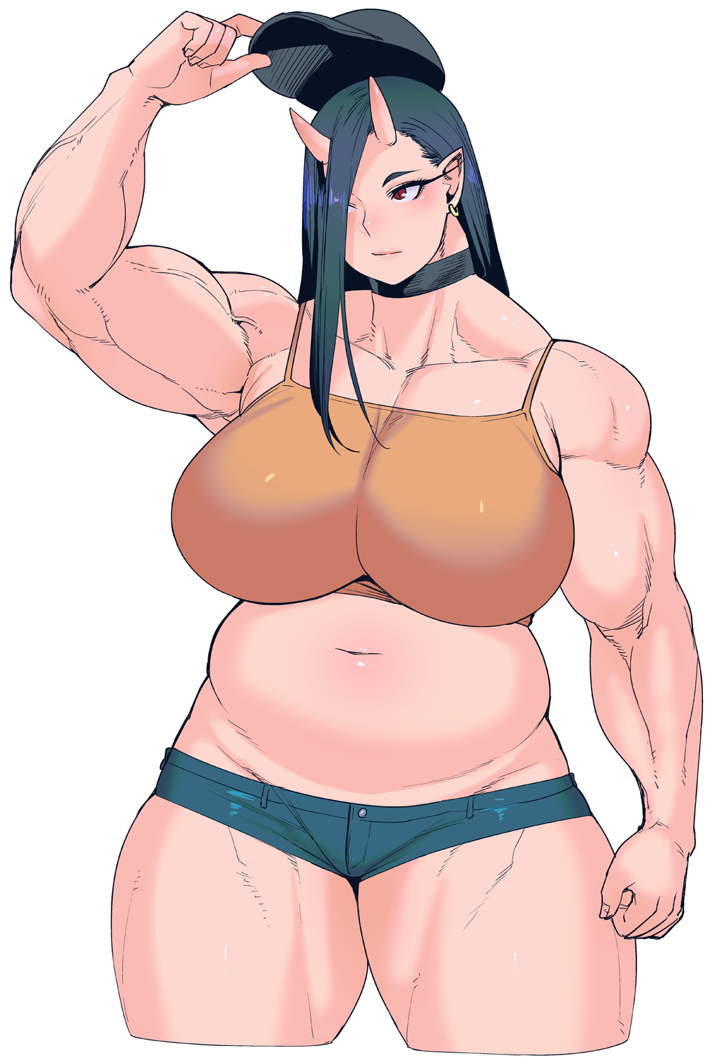 1girl, alternate_hairstyle, arm_up, baseball_cap, belly, biceps, black_hair, blush