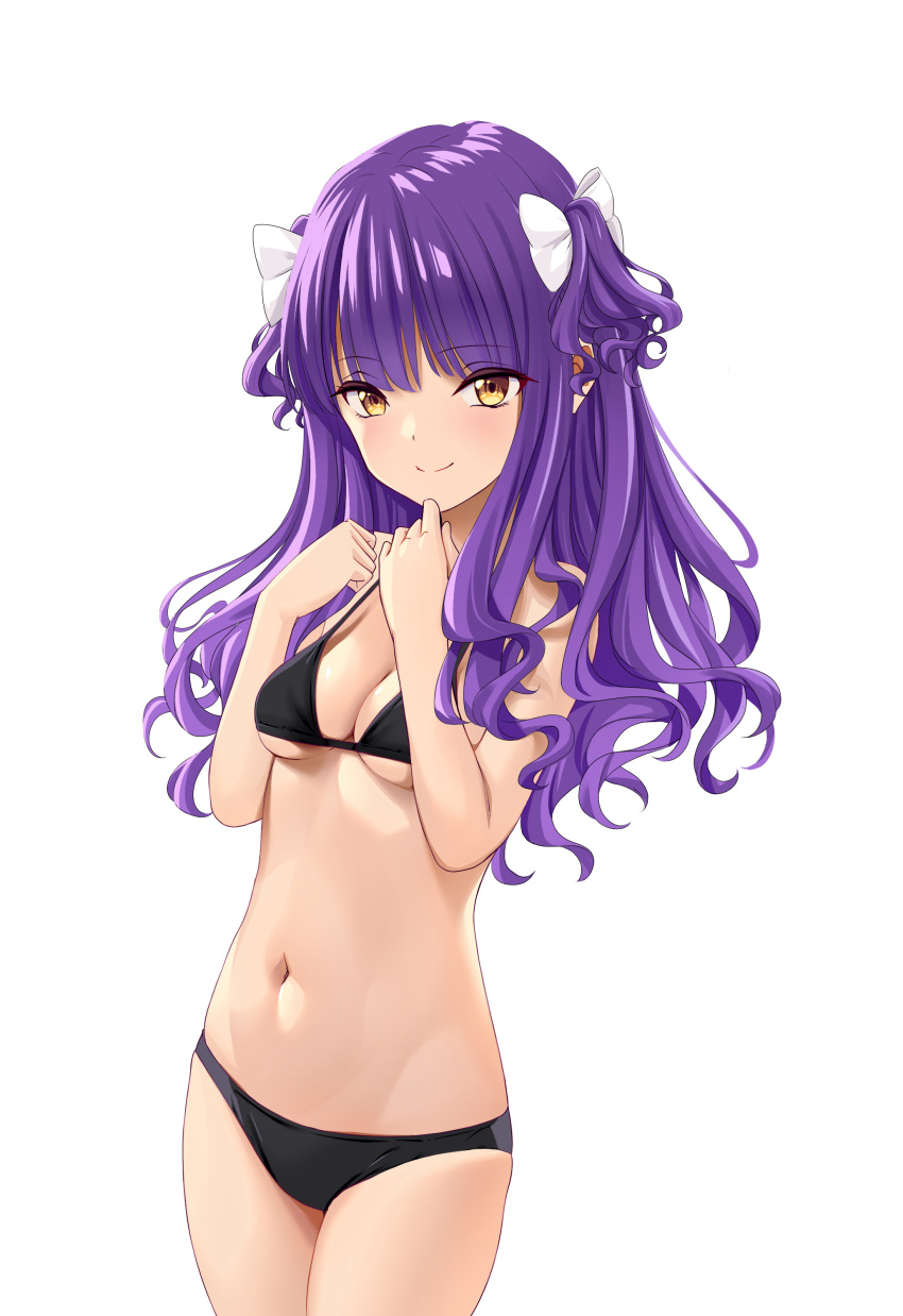 1girl, absurdres, animal_ears, bikini, black_bikini, bow, brown_eyes, cow_ears