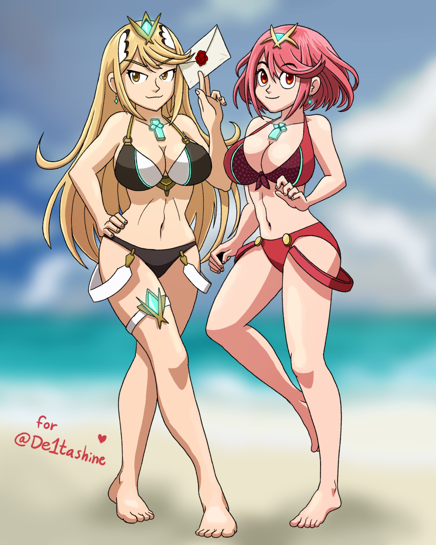 2girls, abel_hagen, absurdres, bangs, beach, bikini, blonde_hair, breasts, chest_jewel, full_body, gem, headpiece, highres, large_breasts, long_hair, looking_at_viewer, multiple_girls, mythra_(xenoblade), navel, pyra_(xenoblade), red_eyes, redhead, short_hair, sky, smash_invitation, super_smash_bros., swept_bangs, swimsuit, tiara, very_long_hair, xenoblade_chronicles_(series), xenoblade_chronicles_2, yellow_eyes