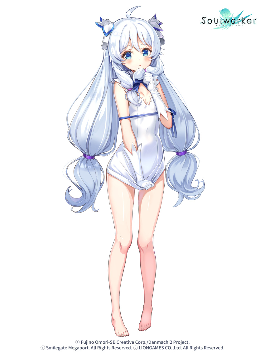 1girl, absurdres, ahoge, bare_arms, bare_legs, bare_shoulders, barefoot, blue_eyes