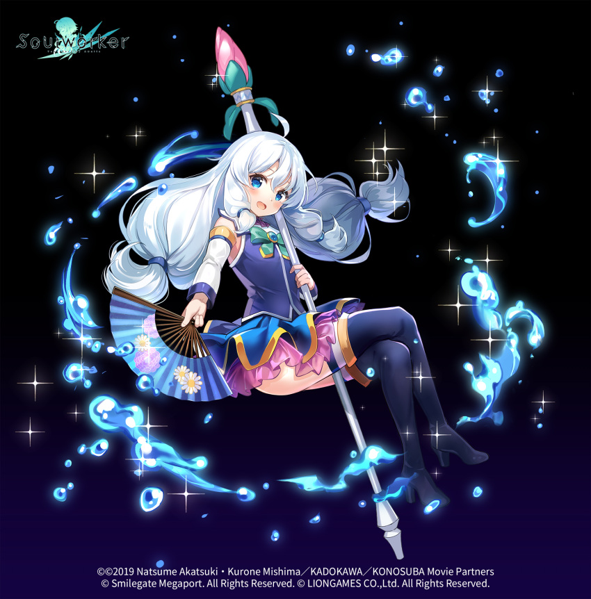 1girl, :d, ahoge, aqua_(konosuba), aqua_(konosuba)_(cosplay), ass, bare_shoulders, between_legs, black_footwear, blue_eyes, blue_shirt, blue_skirt, boots, bow, bowtie, brooch, cosplay, crossed_legs, detached_sleeves, fan, flat_chest, floating_hair, folding_fan, full_body, glint, high_heel_boots, high_heels, highres, holding, holding_staff, jewelry, kono_subarashii_sekai_ni_shukufuku_wo!, layered_skirt, long_hair, long_sleeves, looking_at_viewer, mimi_(ranma3049), miniskirt, official_art, open_mouth, shirt, skirt, smile, solo, soul_worker, staff, stella_unibell, thigh-highs, thigh_boots, twintails, very_long_hair, water, watermark, white_hair, white_legwear