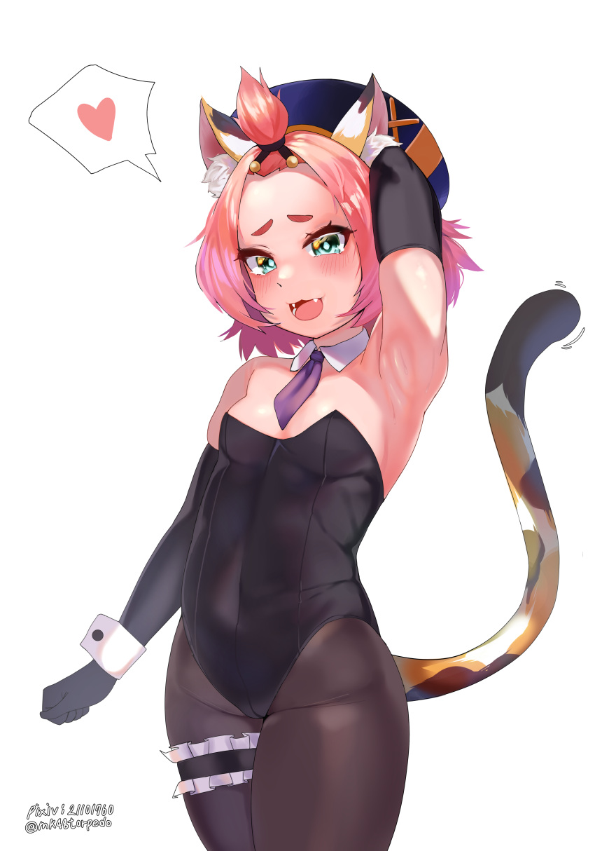 1girl, :3, absurdres, animal_ear_fluff, animal_ears, armpits, black_gloves, black_legwear, breasts, cat_ears, cat_tail, detached_collar, diona_(genshin_impact), elbow_gloves, fangs, genshin_impact, gloves, green_eyes, hat, heart, highres, necktie, open_mouth, pantyhose, pixiv_id, playboy_bunny, short_hair, short_necktie, simple_background, small_breasts, smile, solo, spoken_heart, tail, torpedo_(gad3757), twitter_username, white_background, wrist_cuffs