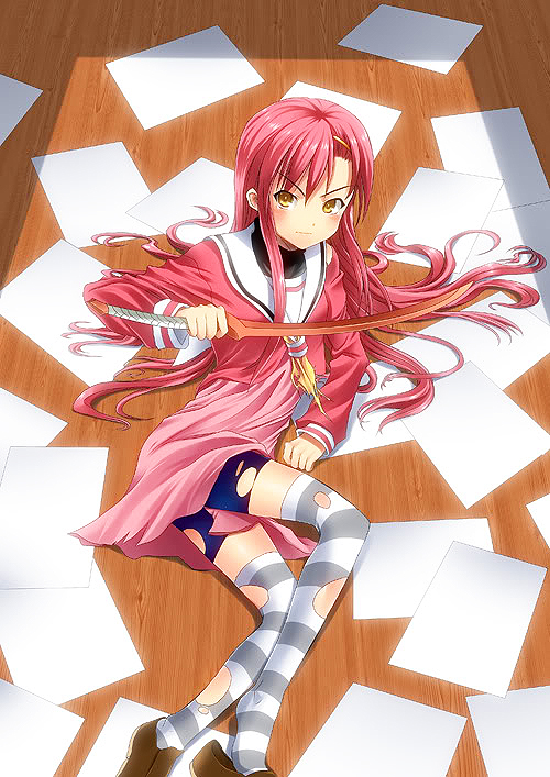 bokken, hairband, hayate_no_gotoku!, katsura_hinagiku, long_hair, masamune_bokken, paper, pink_hair