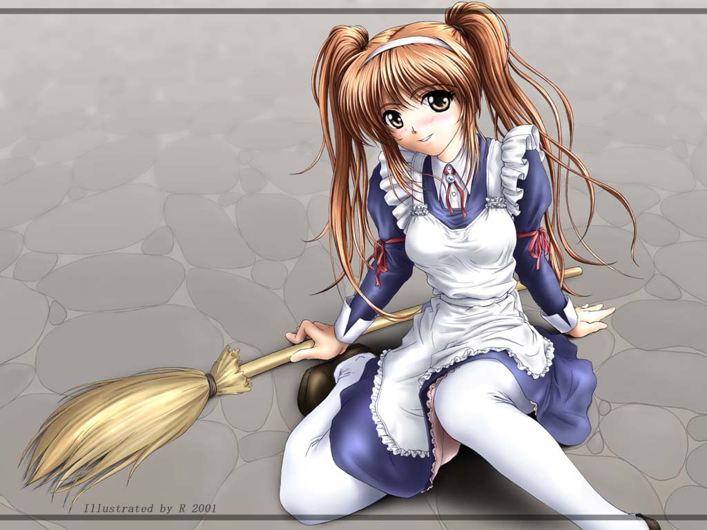 brown_eyes, brown_hair, maid, pantyhose, r's_wallpaper_studio, r's_wallpaper_studio, ribbon, twintails, wallpaper, white_legwear