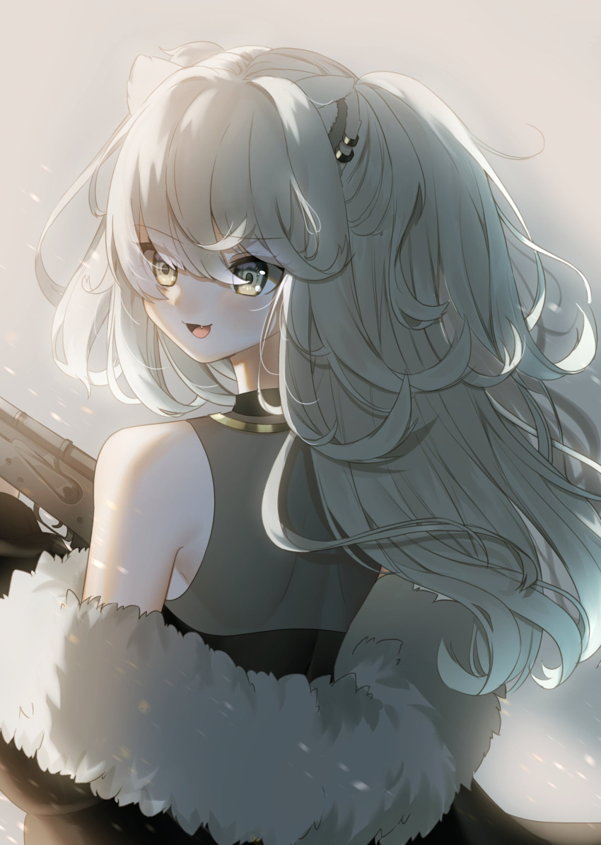 1girl, absurdres, animal_ears, black_jacket, ear_piercing, floating_hair, from_behind, fur_trim