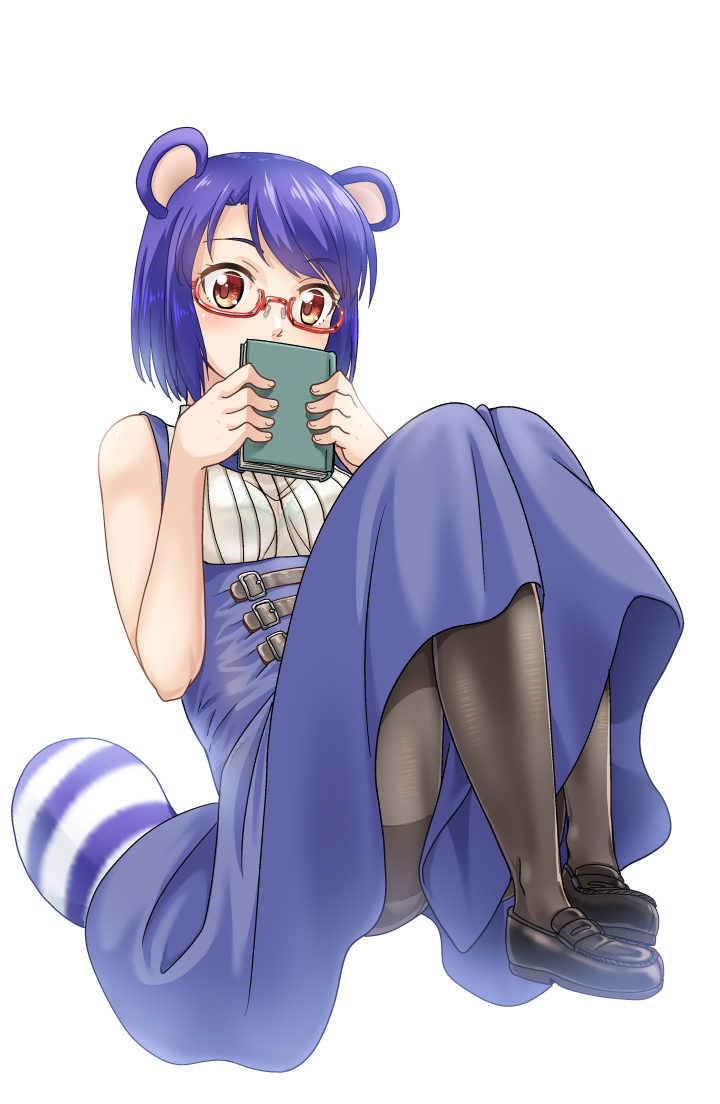 1girl, animal_ears, bare_arms, bare_shoulders, black_footwear, black_legwear, blue_hair, blue_skirt