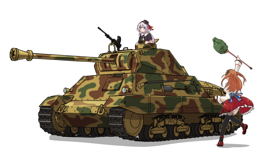 .live, 2girls, :<, armored_vehicle, black_legwear, blush, brown_hair, carro_pino