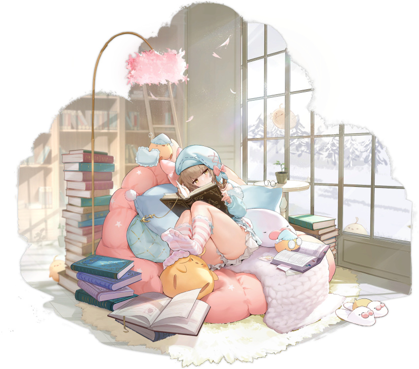 1girl, ass, azur_lane, blue_headwear, book, braid, brown_hair, feet