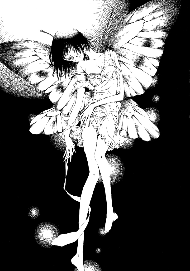 antenna, bare_shoulders, barefoot, bra, breasts, butterfly_wings, cleavage, dress