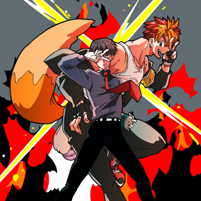 2boys, akagi_kazuaki, armband, belt, black_hair, black_pants, blonde_hair, fingerless_gloves, fox_tail, gloves, grey_background, hanagata_kaede, highres, kemono_jihen, male_focus, multicolored_hair, multiple_boys, necktie, pants, shoes, simple_background, smile, sneakers, tail, two-tone_hair, v, v_over_eye