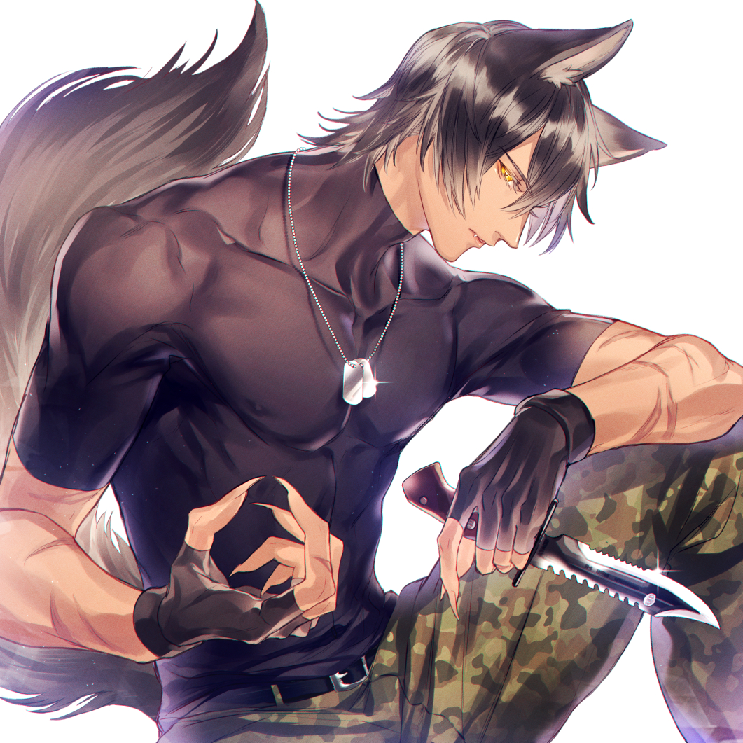 1boy, animal_ears, belt, black_belt, black_gloves, black_hair, camouflage, camouflage_pants