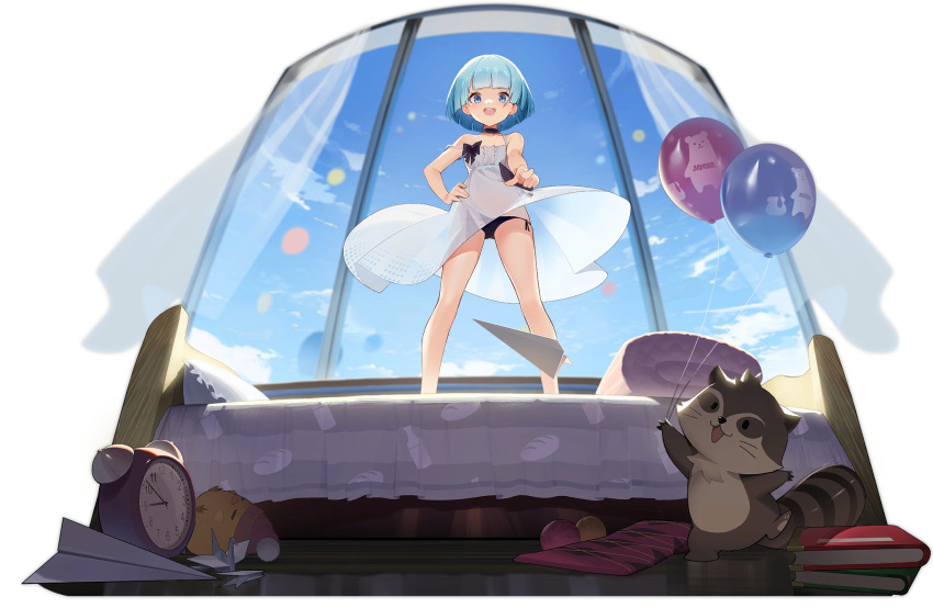 1girl, aqua_hair, azur_lane, balloon, bare_shoulders, black_panties, blue_eyes, choker