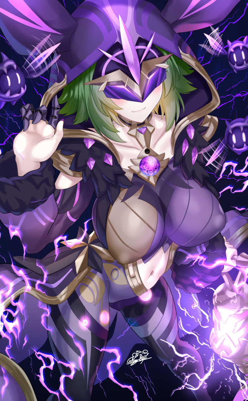 1girl, absurdres, black_background, blush, bodysuit, breasts, choker, cicin_(genshin_impact)