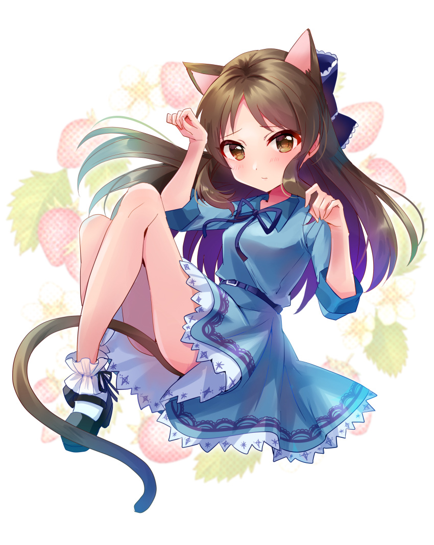1girl, absurdres, animal_ear_fluff, animal_ears, arm_up, bangs, black_footwear, blue_bow