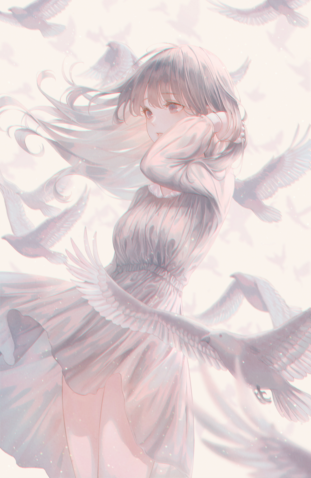 1girl, bare_legs, bird, blurry, blurry_background, blurry_foreground, breasts, cowboy_shot