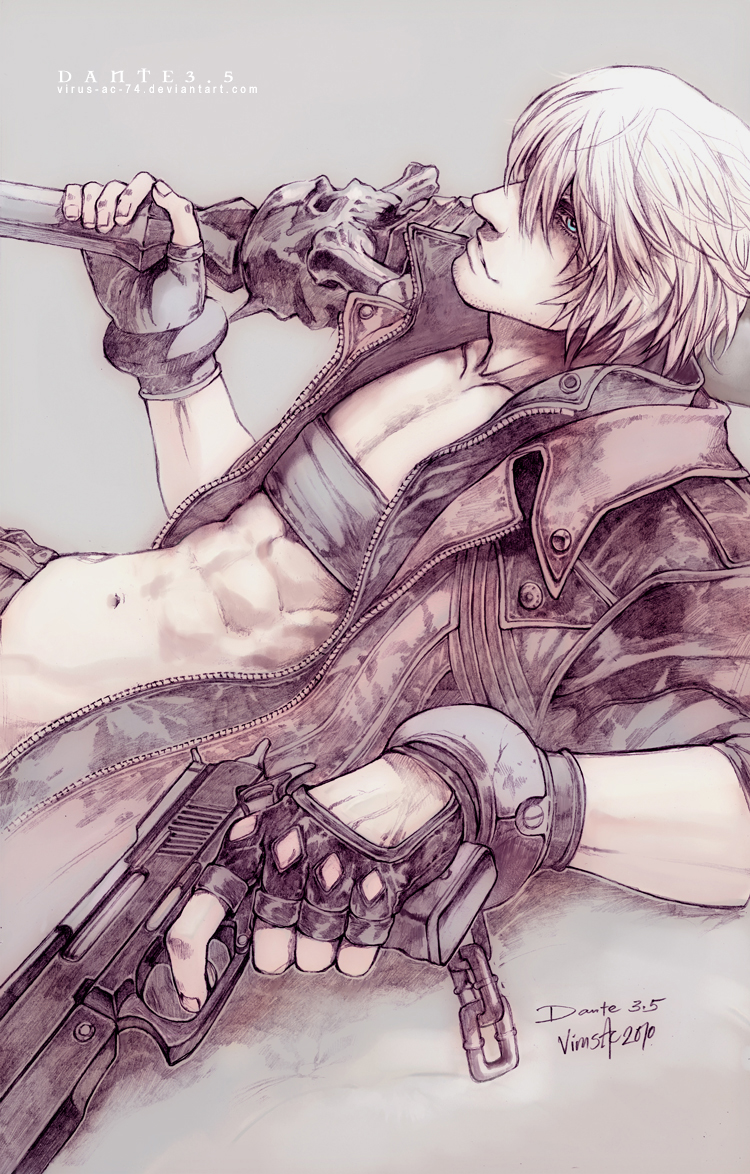 1boy, abs, aqua_eyes, dante, dante_(devil_may_cry), dated, devil_may_cry, devil_may_cry_(series), ebony_&amp;_ivory, fingerless_gloves, gloves, gun, male, navel, on_back, open_shirt, rebellion_(sword), signature, skull, solo, sword, virus-ac74, watermark, weapon, white_hair