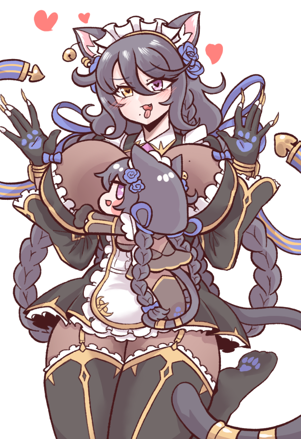 2girls, :p, animal_ear_fluff, animal_ears, black_hair, braid, breasts, bulga, cat_ears, cat_girl, chibi, dual_persona, fang, flower, from_behind, hair_between_eyes, hair_flower, hair_ornament, heart, heart-shaped_pupils, heterochromia, hug, huge_breasts, last_origin, looking_at_viewer, looking_back, maid_headdress, minigirl, mole, mole_on_breast, multiple_braids, multiple_girls, poi_(last_origin), simple_background, symbol-shaped_pupils, tongue, tongue_out, tri_braids, violet_eyes, white_background, yellow_eyes