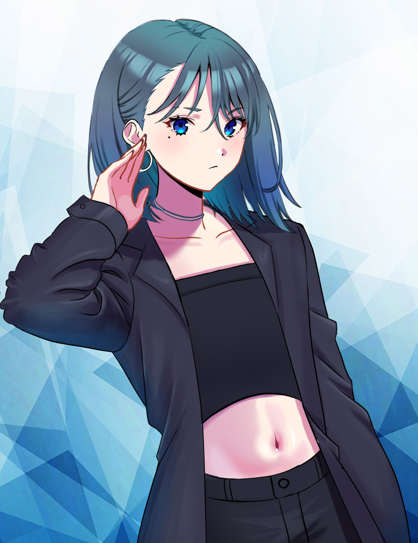 1girl, absurdres, bangs, bazz000033, black_camisole, black_jacket, black_pants, blue_background, blue_eyes, blue_hair, camisole, choker, closed_mouth, collarbone, commentary_request, cowboy_shot, crop_top, earrings, eyebrows_visible_through_hair, flat_chest, hair_between_eyes, hand_up, highres, hoop_earrings, jacket, jewelry, light_blush, long_hair, long_sleeves, looking_at_viewer, midriff, mole, mole_under_eye, nail_polish, navel, open_clothes, open_jacket, original, pants, sidelocks, solo, standing