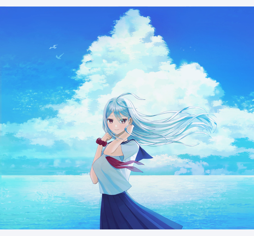 1girl, absurdres, ahoge, bangs, bird, black_scrunchie, blue_skirt, blue_sky