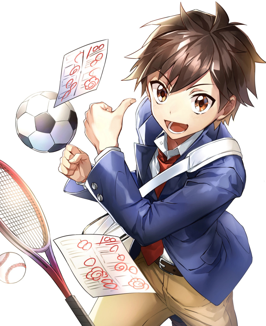 1boy, :d, absurdres, bag, ball, bangs, baseball, belt