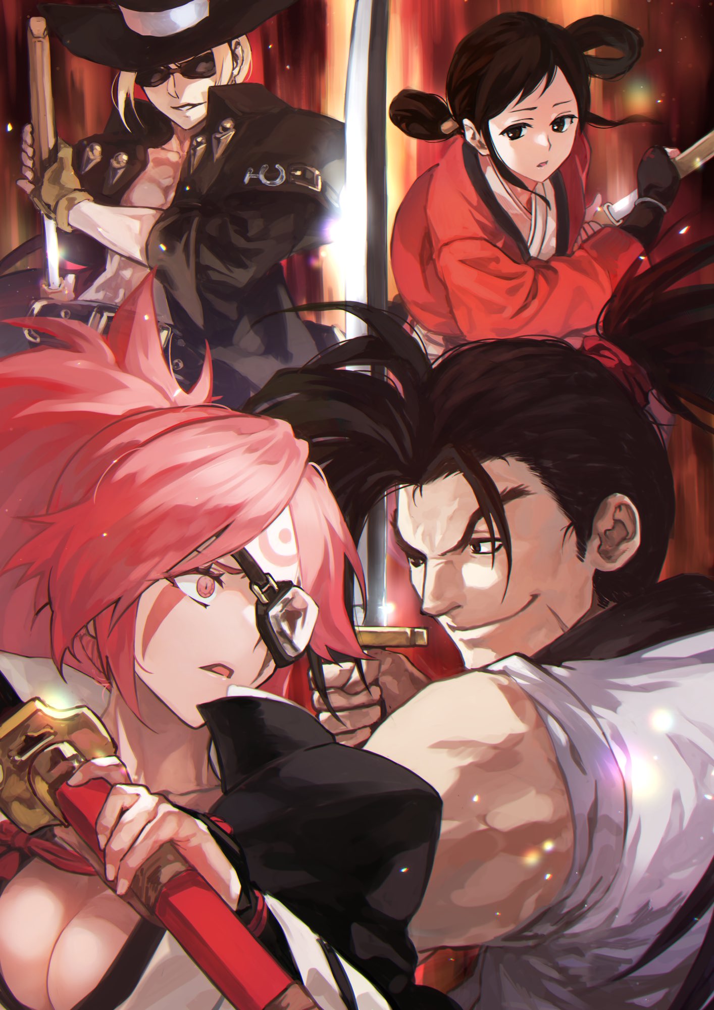 2boys, 2girls, baiken, bakumatsu_rouman, black_hair, crossover, eyepatch, guilty_gear