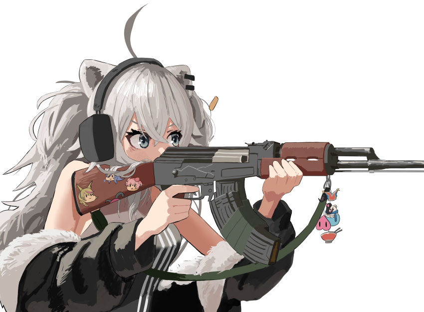 1girl, absurdres, aiming, ak-47, animal_ear_fluff, animal_ears, assault_rifle, bangs