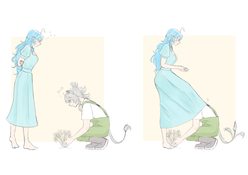 2girls, absurdres, ahoge, alternate_costume, animal_ears, blue_dress, blue_hair, boots