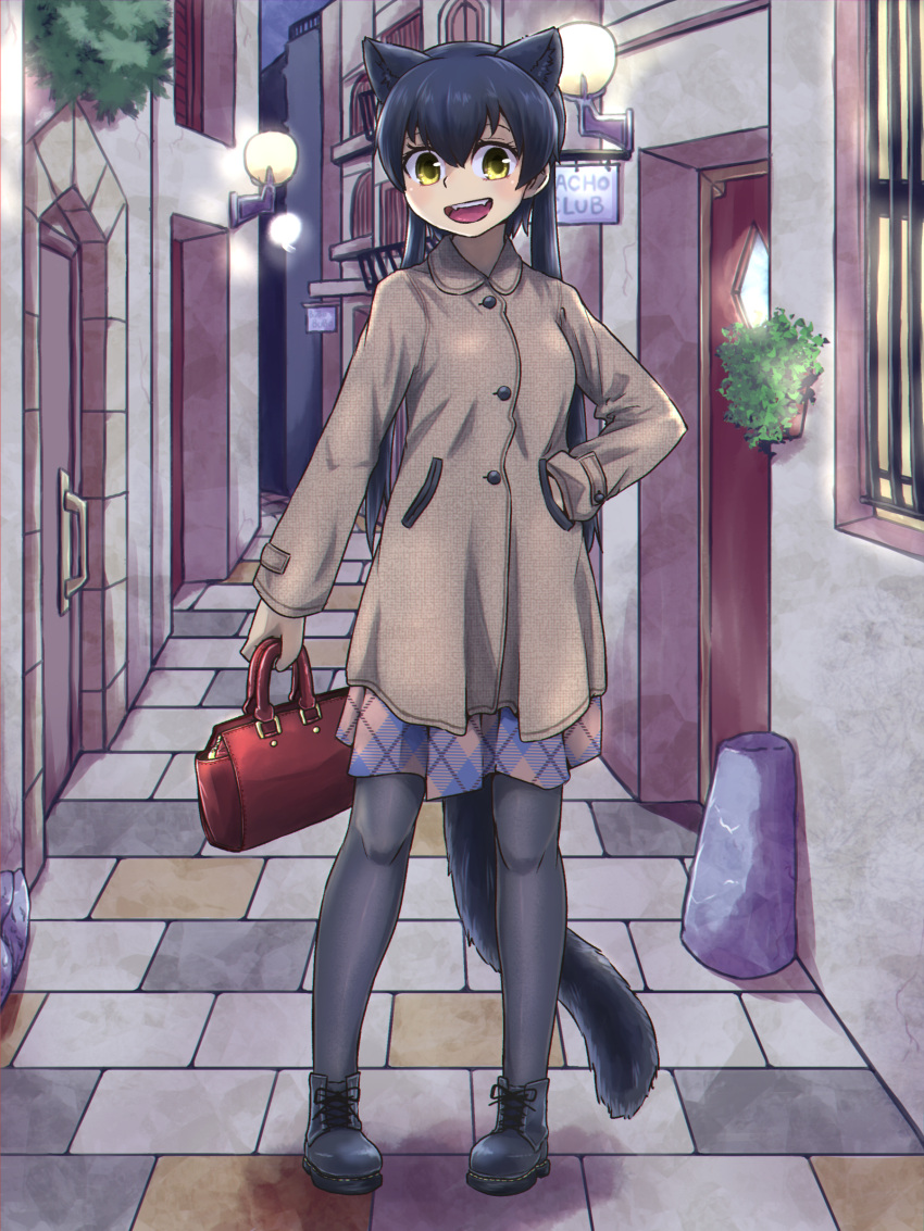 1girl, absurdres, animal_ears, bag, bangs, black_footwear, black_hair, black_legwear