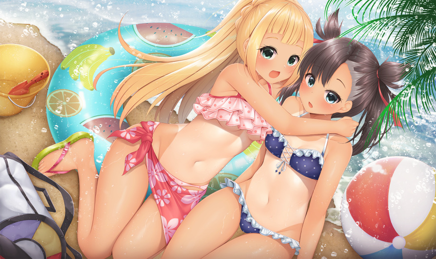 :d, asymmetrical_bangs, ball, bangs, beach, bikini, blonde_hair, blue_bikini, blue_eyes, breasts, brown_hair, frilled_bikini, frills, green_eyes, hair_ribbon, highres, lillie_(pokemon), long_hair, looking_at_viewer, marnie_(pokemon), minato_ojitan, navel, one-piece_tan, open_mouth, pink_bikini, pokemon, pokemon_(game), pokemon_sm, pokemon_swsh, polka_dot, polka_dot_bikini, ponytail, red_ribbon, ribbon, sand, sandals, short_hair, small_breasts, smile, swimsuit, tan, tanline, twintails, under_boob, undercut