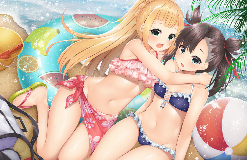 2girls, :d, asymmetrical_bangs, ball, bangs, beach, bikini, blonde_hair