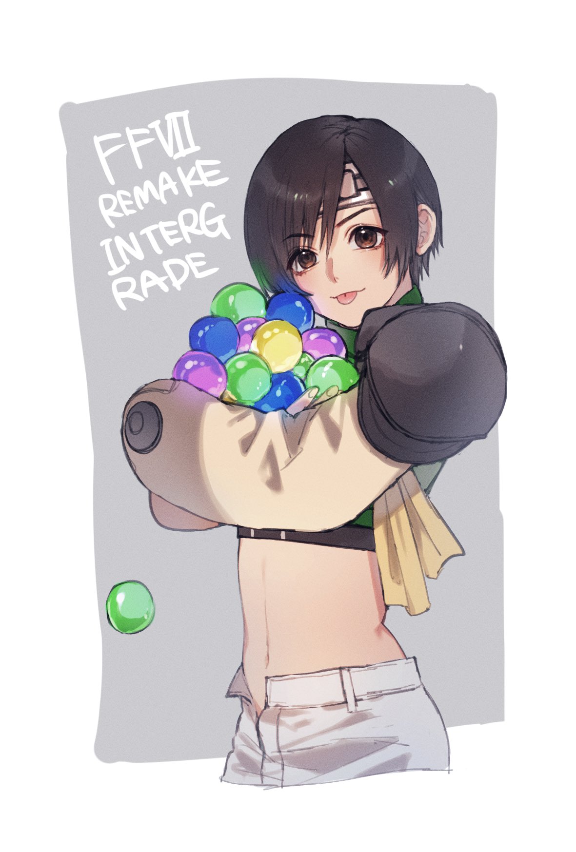 1girl, ah_yoshimizu, armor, black_hair, brown_eyes, carrying, copyright_name, crop_top