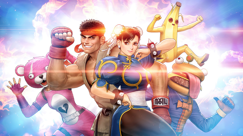 2girls, 3boys, absurdres, animal_costume, banana_costume, bear_costume, black_hair, black_legwear, blue_dress, bodysuit, bracelet, breasts, brown_eyes, bun_cover, china_dress, chinese_clothes, chun-li, clenched_hand, crossover, cuddle_team_leader, double_bun, dougi, dress, durr_burger, earrings, explosion, fingernails, food, fortnite, grin, hamburger, hamburger_costume, headband, highres, jewelry, lens_flare, lens_flare_abuse, lips, long_tongue, looking_at_viewer, medium_breasts, mori_toshiaki, multiple_boys, multiple_girls, muscular, muscular_male, official_art, pantyhose, peely, pelvic_curtain, pink_bodysuit, pose, puffy_short_sleeves, puffy_sleeves, red_headband, ryu_(street_fighter), sash, short_hair, short_sleeves, side_slit, smile, spiked_bracelet, spikes, street_fighter, street_fighter_ii_(series), thick_eyebrows, thick_thighs, thighs, thumbs_up, tongue, tongue_out, uppercut, veins, wallpaper