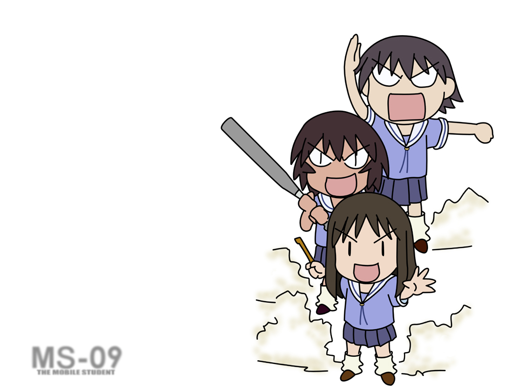 azumanga_daioh, baseball_bat, black_hair, black_tri-stars, bonklers, dom, dust, dust_cloud