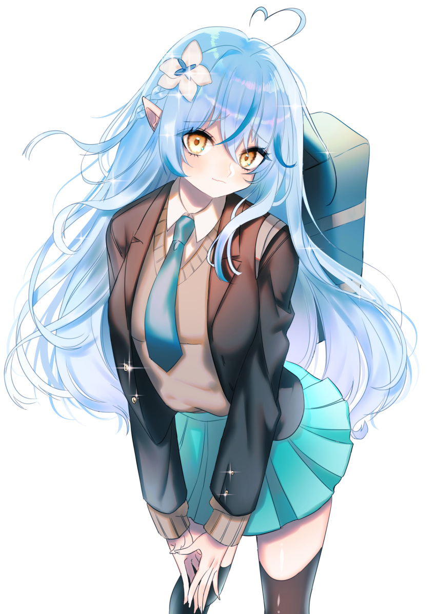 1girl, absurdres, alternate_costume, bag, bangs, black_jacket, blazer, blue_hair